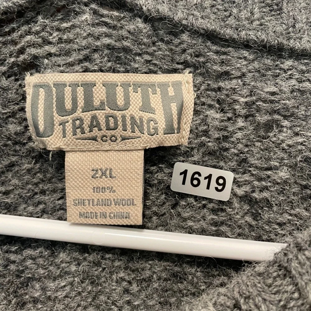 Duluth Trading Co Mens 2XL Gray 100% Shetland Wool Cable Knit Crew Neck Sweater